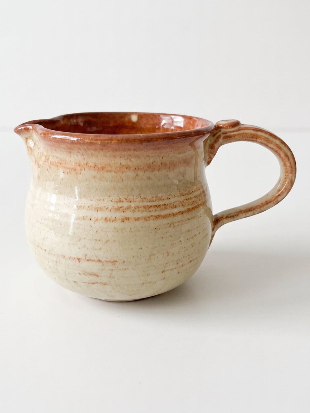 Cream Rust Brown Glazed Ceramic Pitcher 5” Pottery Jug Rustic Cottage Farmhouse